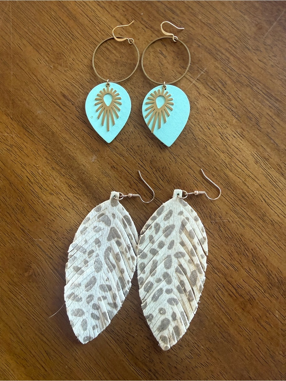 Source Unknown Aqua Teardrop and Neutral Feather Earrings Set